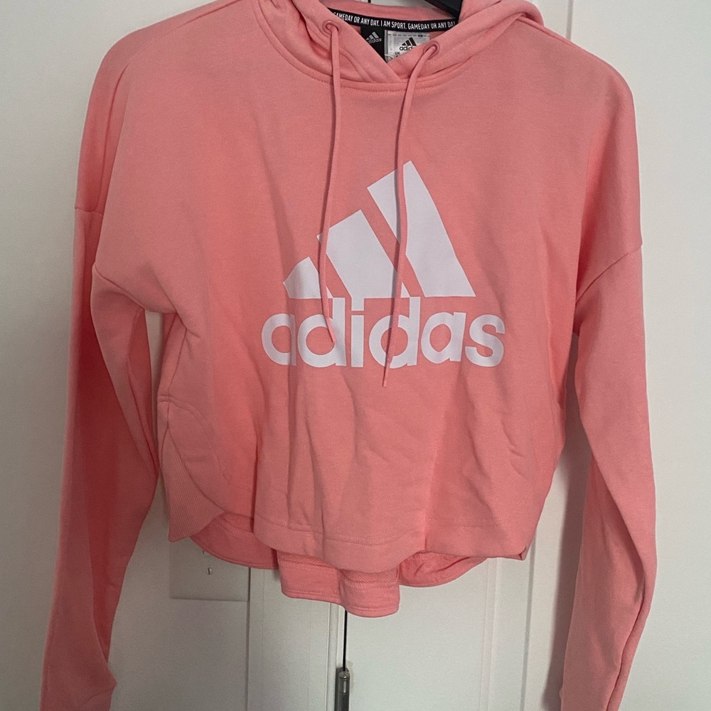 adidas Coral Pink Cropped Hoodie with White Logo